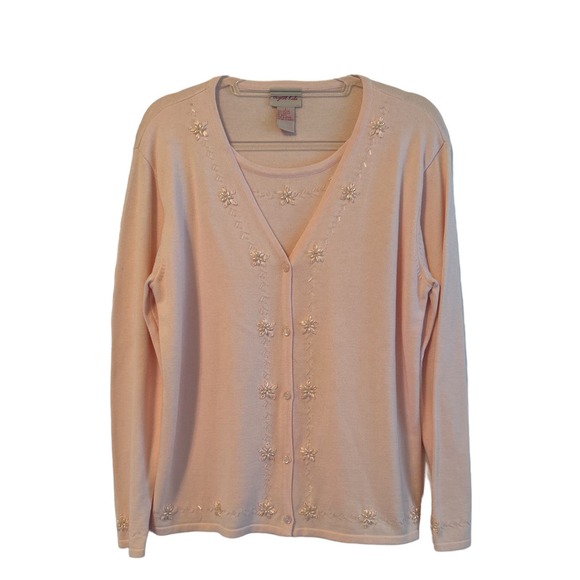 Crystal-Kobe Sweaters - Crystal-Kobe Ladies Pink Beaded Sweater Set Pink Size Large